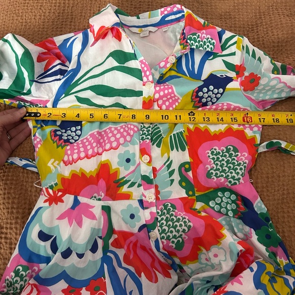 Boden Whimsical Colorful Floral Bird Print Tie Waist Shirt Midi Dress - Picture 9 of 11